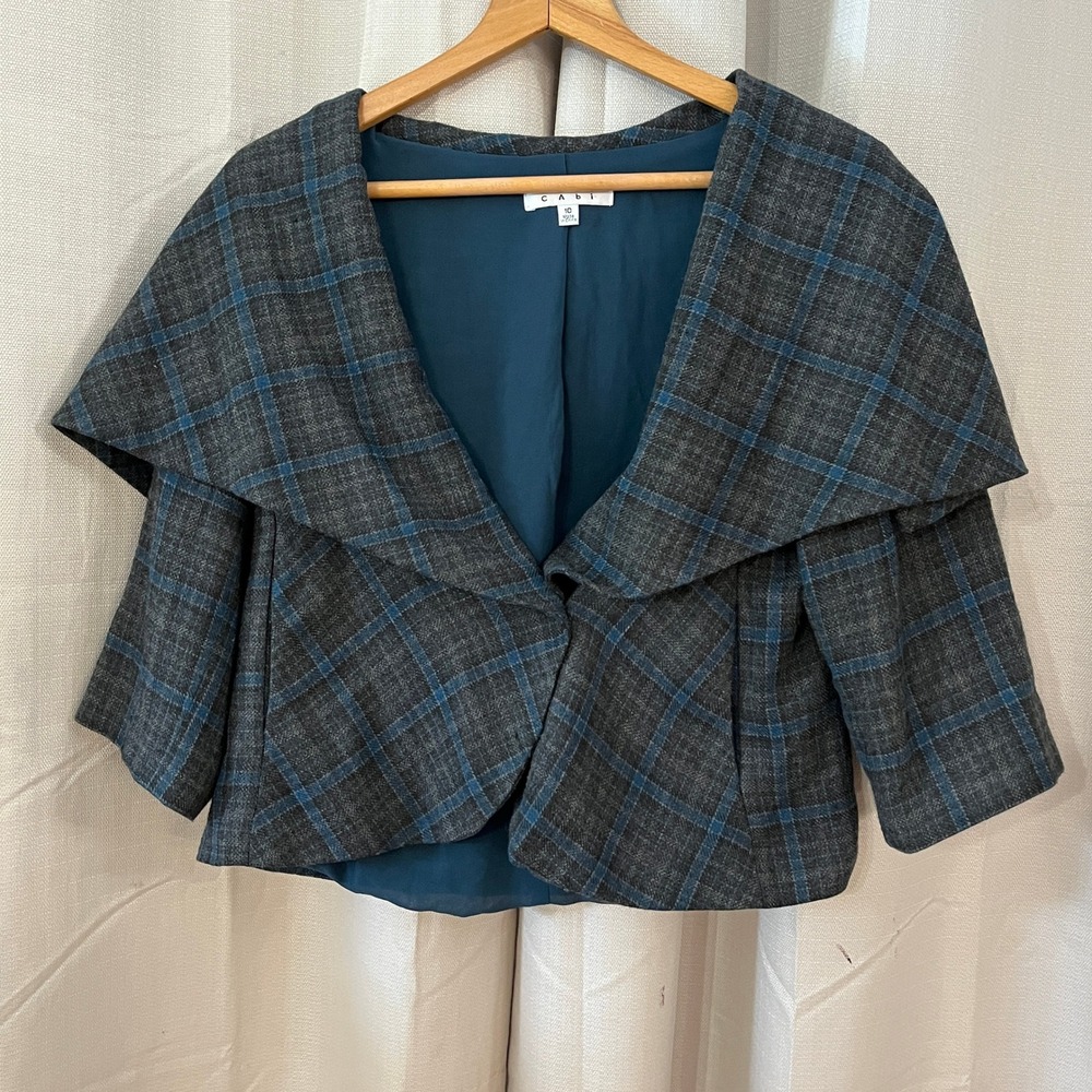 Cabi Court Plaid Blazer Women 10 Grey Blue Tartan 916 Shawl Collar Dark Academia - Picture 2 of 12